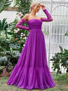 Faeriesty Off Shoulder Ruched Ruffle Hem Mesh Overlay Bridesmaid Dress