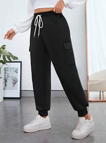 SHEIN Essnce 大碼側翻蓋口袋腰部抽繩衛褲 - 黑色 - 查看 2