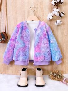 SHEIN 女小童可愛風格夢幻般紮染搖粒絨外套適用於秋天和冬天 - 紫色 - 查看 1