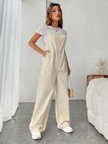 SHEIN EZwear Solid Overall Jumpsuit Without Tee - Beige - View 3