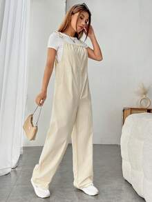 SHEIN EZwear Solid Overall Jumpsuit Without Tee - Beige - View 5