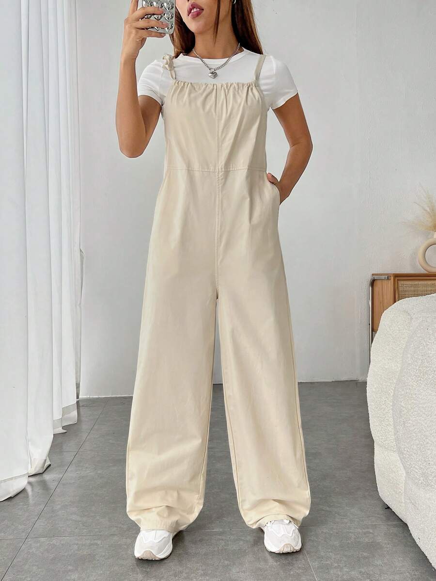 SHEIN EZwear Solid Overall Jumpsuit Without Tee - Beige - View 1