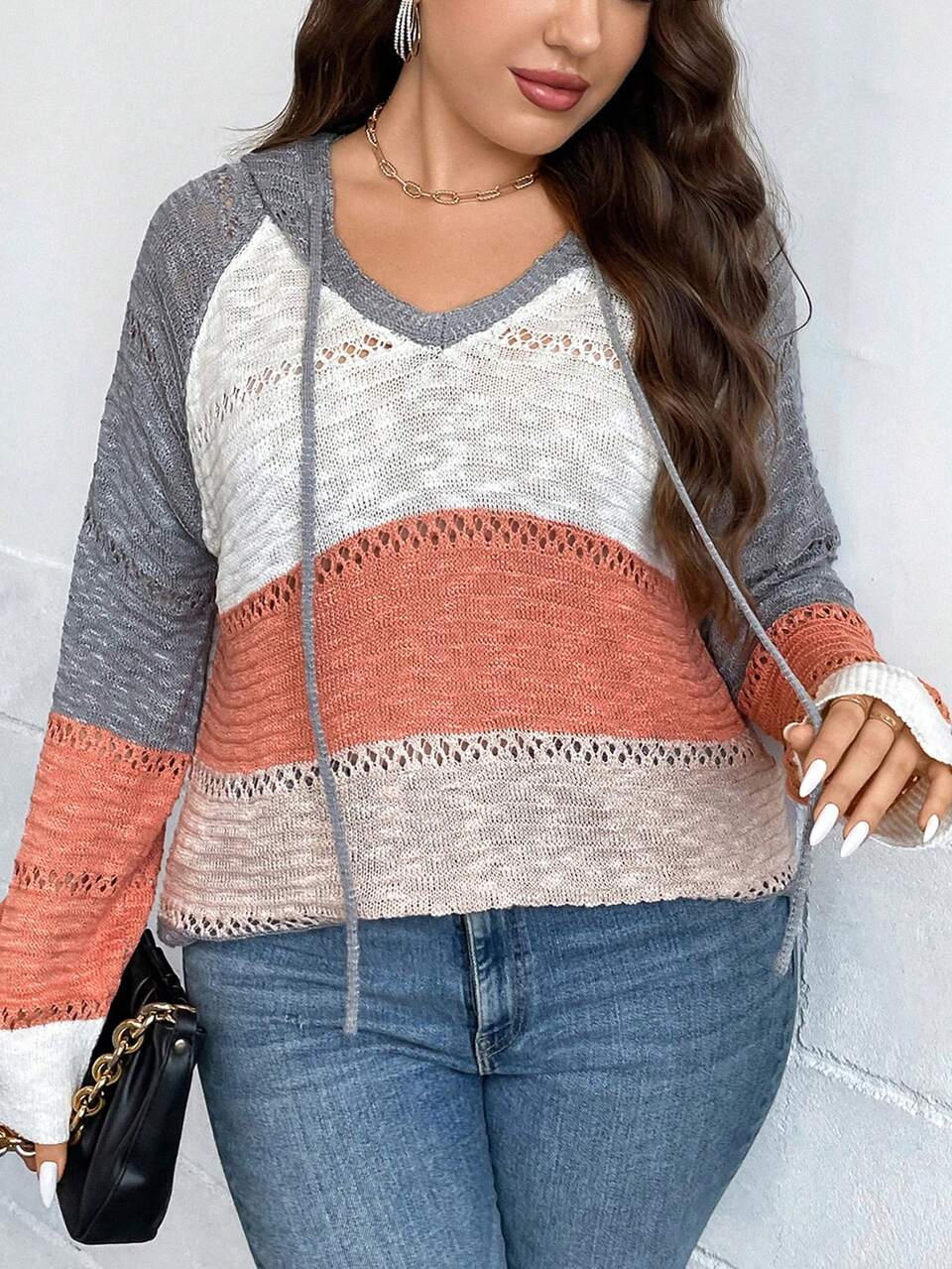 Plus Colorblock Raglan Sleeve Drawstring Hooded Sweater
