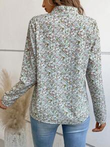 SHEIN LUNE Ditsy Floral Tie Neck Blouse - Multicolor - View 3