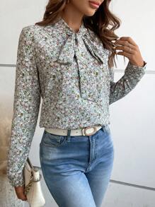 SHEIN LUNE Ditsy Floral Tie Neck Blouse - Multicolor - View 4