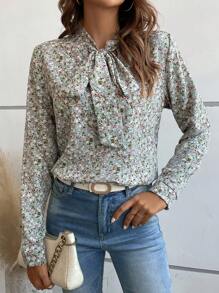 SHEIN LUNE Ditsy Floral Tie Neck Blouse - Multicolor - View 5
