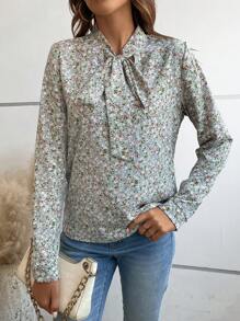 SHEIN LUNE Ditsy Floral Tie Neck Blouse - Multicolor - View 6