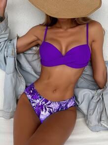 Tropical Print Push Up Bikini Set,Summer Beach - Purple - View 1