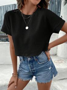 SHEIN VCAY Solid Batwing Sleeve Crop Tee - Black - View 5