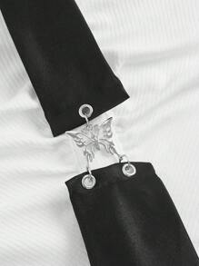 SHEIN MOD Black Tie Neck Asymmetrical Hem Open Placket Butterfly Metal Buckle White Crop Tee