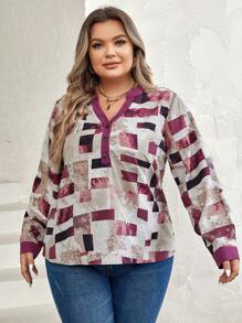 SHEIN LUNE 大碼幾何印花缺口領襯衫 - 杏色 - 查看 3