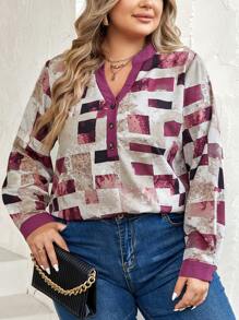 SHEIN LUNE 大碼幾何印花缺口領襯衫 - 杏色 - 查看 5