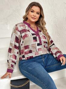 SHEIN LUNE 大碼幾何印花缺口領襯衫 - 杏色 - 查看 6