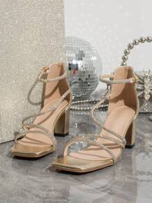 Square Toe Chunky High Heel Rhinestone Decor Elegant Glamorous Party Dress Sandals - Gold - View 4