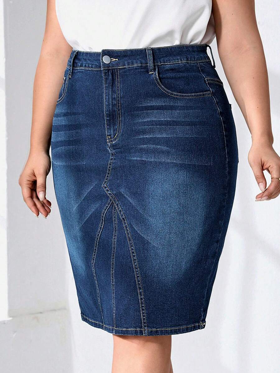 EMERY ROSE Plus Slant Pocket Denim Skirt - Dark Wash - View 1