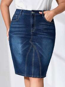 EMERY ROSE Plus Slant Pocket Denim Skirt - Dark Wash - View 4