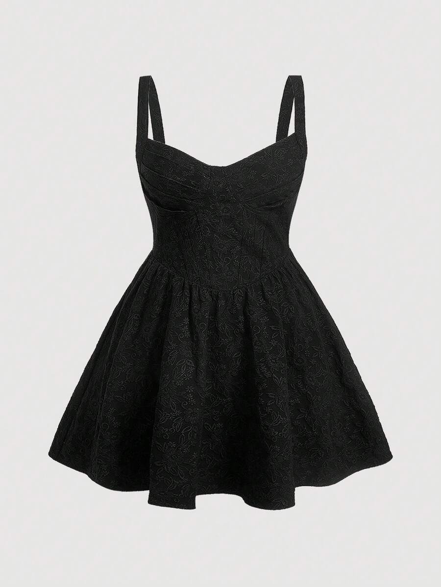 SHEIN MOD Hơn Nếp gấp Phần Ngực Dệt hoa Váy Dây - màu đen - Xem 1