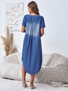 SHEIN LUNE 素色弧形下擺牛仔裙 - 中等水洗藍 - 查看 3