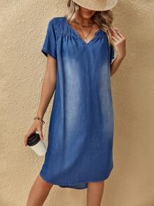 SHEIN LUNE 素色弧形下擺牛仔裙 - 中等水洗藍 - 查看 4