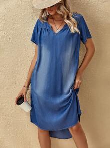 SHEIN LUNE 素色弧形下擺牛仔裙 - 中等水洗藍 - 查看 6