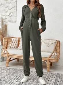 SHEIN Maternity Zip Up Drawstring Hooded Jumpsuit - Army Green - View 1