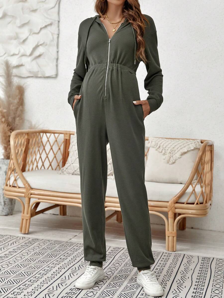 SHEIN Maternity Zip Up Drawstring Hooded Jumpsuit - Army Green - View 1