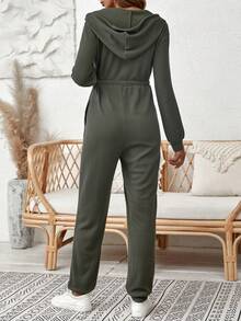SHEIN Maternity Zip Up Drawstring Hooded Jumpsuit - Army Green - View 2