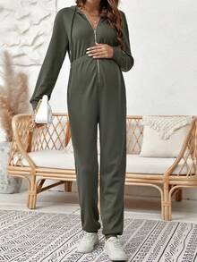 SHEIN Maternity Zip Up Drawstring Hooded Jumpsuit - Army Green - View 5