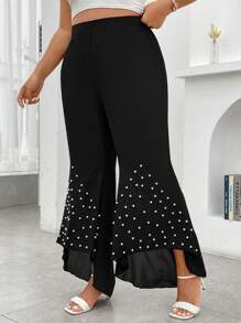 Celure Plus Pearls Beaded High Low Hem Flare Leg Trousers - Black - View 3