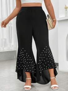 Celure Plus Pearls Beaded High Low Hem Flare Leg Trousers - Black - View 5