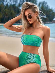 Swim Vcay Bộ bikini cạp cao họa tiết da báo bãi biển mùa hè - màu xanh lá - Xem 3