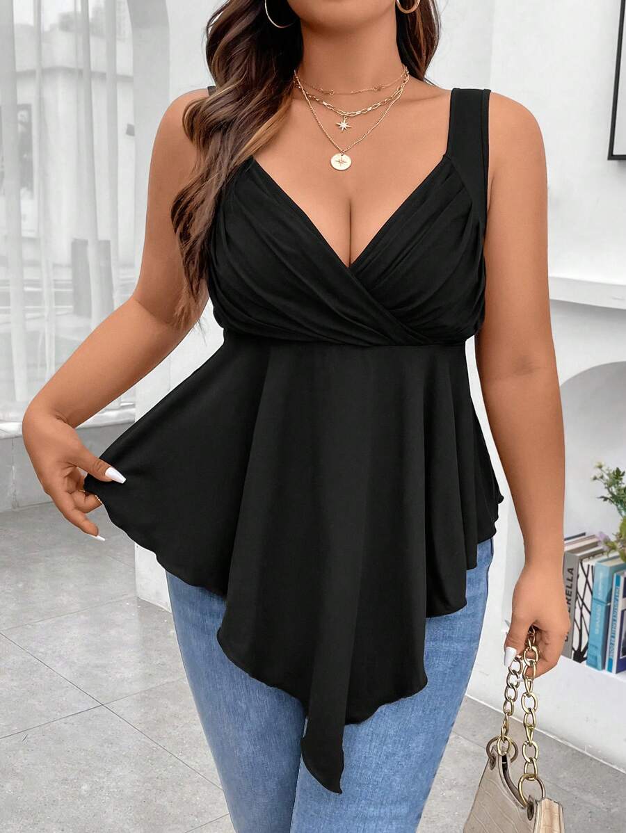 Celure Plus Asymmetrical Hem Wide Strap Top - Black - View 1