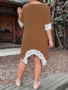 SHEIN LUNE 大碼拼接水溶蕾絲不對稱下擺襯衫 - 咖啡棕 - 查看 2