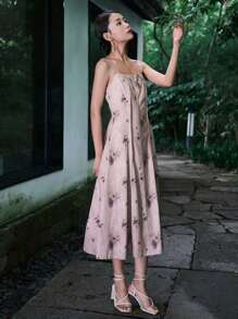 DAZY 印花吊帶連衣裙 - 卡其色 - 查看 3