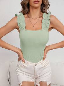 SHEIN Frenchy Top de tirantes unicolor ribete con fruncido tejido de canalé - verde menta - Ver 1