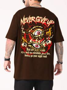 ROMWE MEN Street Life Guys Eye & Slogan Graphic Tee - Coffee Brown - View 1