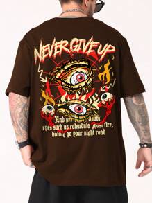 ROMWE MEN Street Life Guys Eye & Slogan Graphic Tee - Coffee Brown - View 5