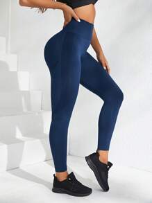 Easithlete 女士纯色收腹运动紧身裤瑜伽裤 - 藏蓝色 - 查看 5
