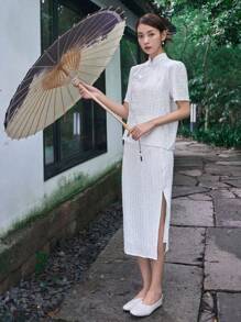 DAZY Chất rắn Nút phía trước Áo thun & Tách đùi Váy - trắng - Xem 1