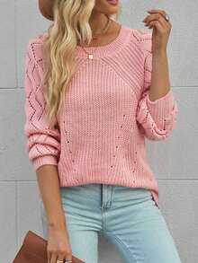 Solid Raglan Sleeve Pointelle Knit Jumper - Pink - View 5