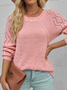 Solid Raglan Sleeve Pointelle Knit Jumper - Pink - View 6