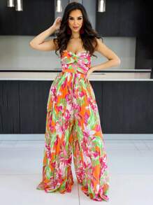 Vải in hoa Mặt trước xoắn quần ống rộng Jumpsuit ống - Nhiều màu - Xem 1