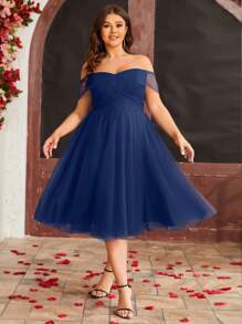 Vestido cruzado con malla y hombros descubiertos de talla grande, elegante para fiesta de graduación, boda o evento semiformal, para cumpleaños, graduación, baile de bienvenida - Azul Marino - Ver 1
