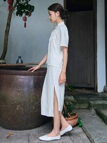 DAZY Chất rắn Nút phía trước Áo thun & Tách đùi Váy - trắng - Xem 8