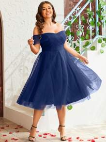 Vestido cruzado con malla y hombros descubiertos de talla grande, elegante para fiesta de graduación, boda o evento semiformal, para cumpleaños, graduación, baile de bienvenida - Azul Marino - Ver 6