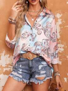 CILKOO 滿版印花前紐扣襯衫 - 藍色 - 查看 1