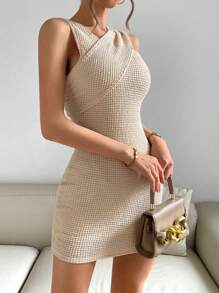 SHEIN LUNE 素色交叉緊身連衣裙 - 杏色 - 查看 6