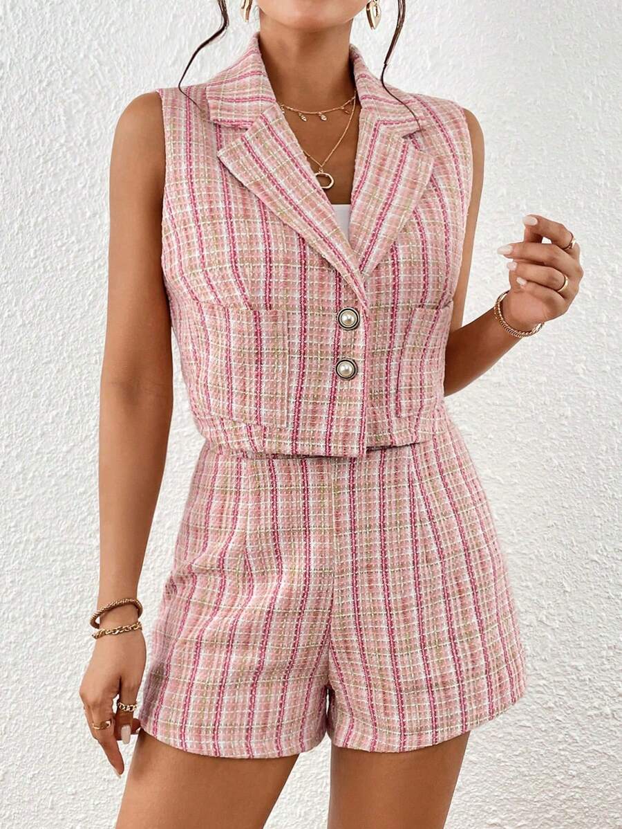 SHEIN Privé Plaid Pattern Vest Blazer & Shorts