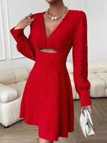 SHEIN Privé Jacquard Cut Out Front Puff Sleeve Dress - Red - View 1