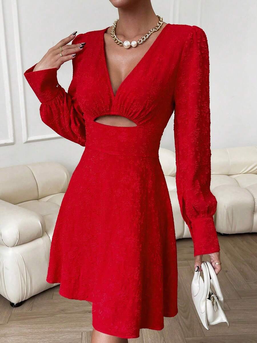 SHEIN Privé Jacquard Cut Out Front Puff Sleeve Dress - Red - View 1